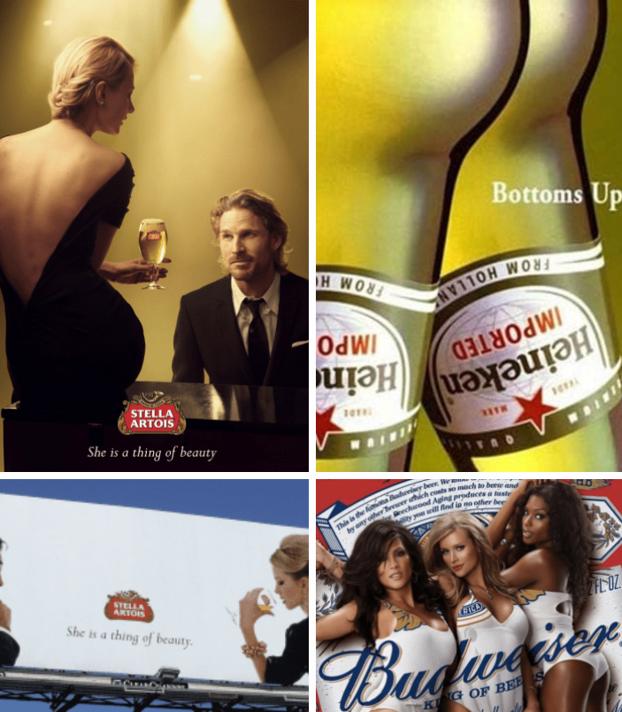 Screenshots von vier Beispielen sexistischer Alkoholwerbung.