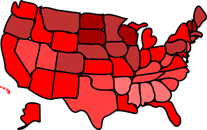 Karte der US-Bundesstaaten in unterschiedlich intensiven Rottönen passend zum Rating