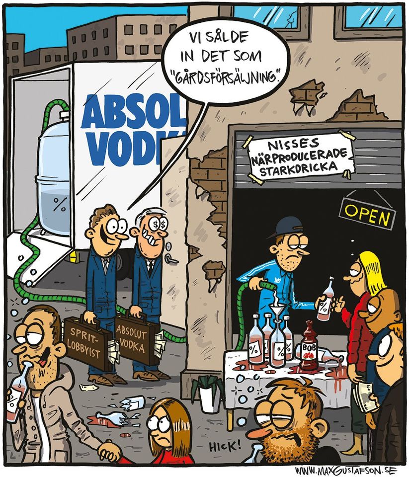 Cartoon: Hofverkäufer, dessen Abfüllung heimlich von Absolut Vodka beliefert wird