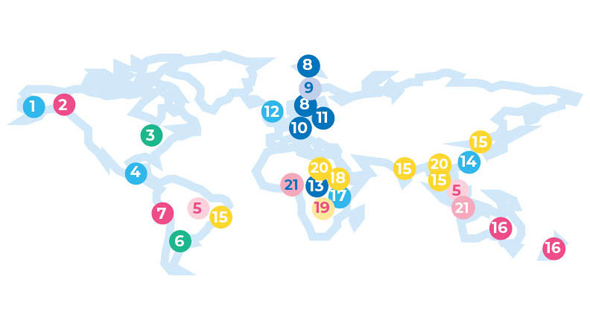 Weltkarte mit 21 Punkten der Einmischung durch die Alkoholindustrie