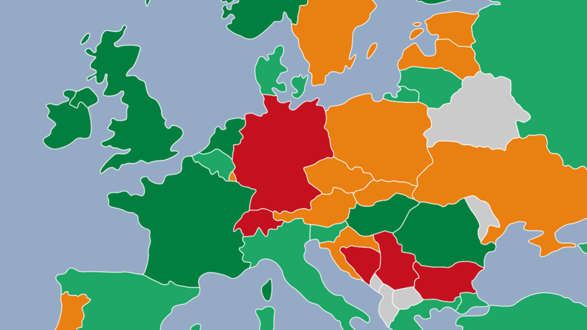 Europakarte mit dunkelgrün, grün, orange und rot eingefärbten Ländern, je nach Grad der gemessenen Tababkontrolle, wobei Deutschland rot gefärbt ist
