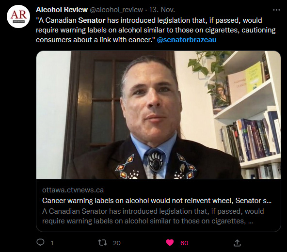 Screenshot eines Tweets von Alcohol Revier mit der Nachricht, die ein Foto von Senator Brazeau enthält
