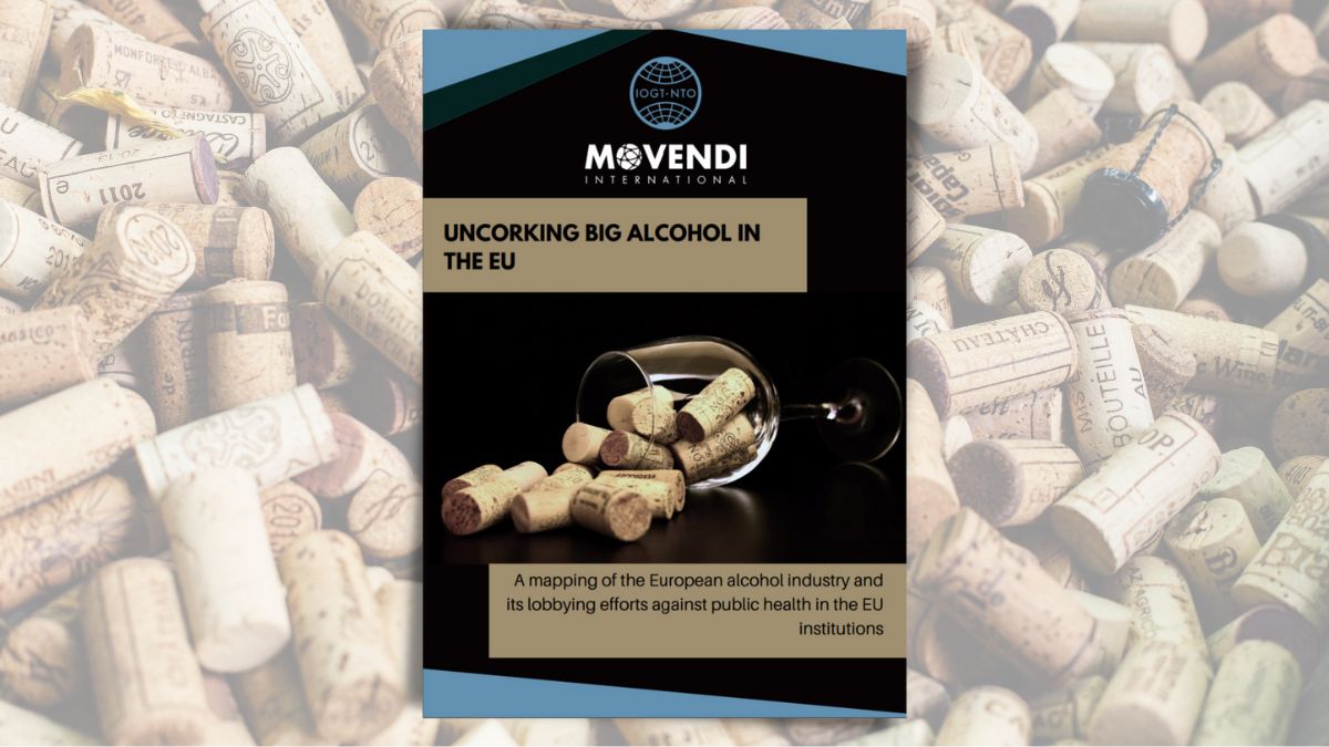 Titelseite von 'Uncorking Big Alcohol in the EU' über Weinkorken