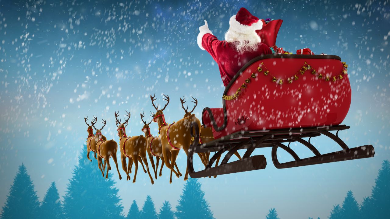 Grafik eines Weihnachtsmanns, der mit einem von Rentieren gezogenen Schlitten über den nächtlichen Winterhimmel fliegt.