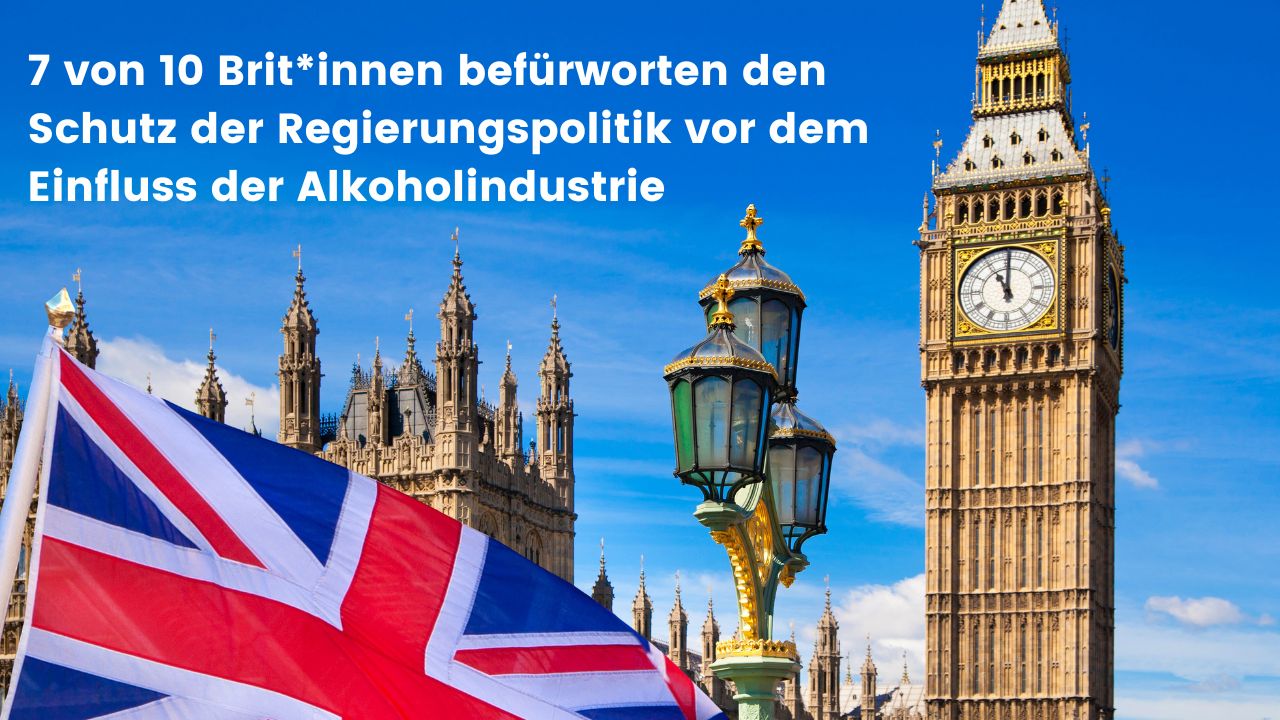 Big Ben und Teil des britischen Parlaments, davor Flagge vom Vereinigten Königreich. Text im Bild: 7 von 10 Brit*innen wollen Schutz der Regierungspolitk vor dem Einfluss der Alkoholindustrie.