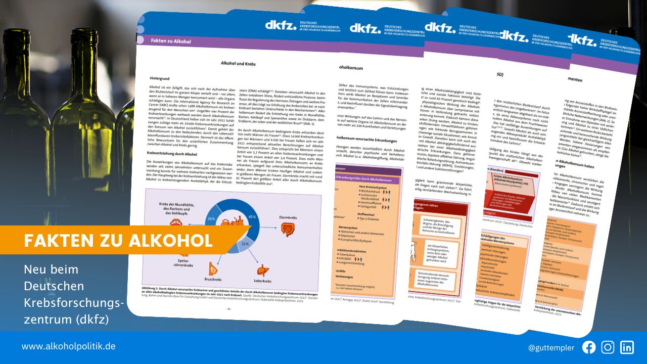 Fächer aus den Titelseiten der fünf Factsheets des Deutschen Krebsforschungszentrums zu Alkohol.