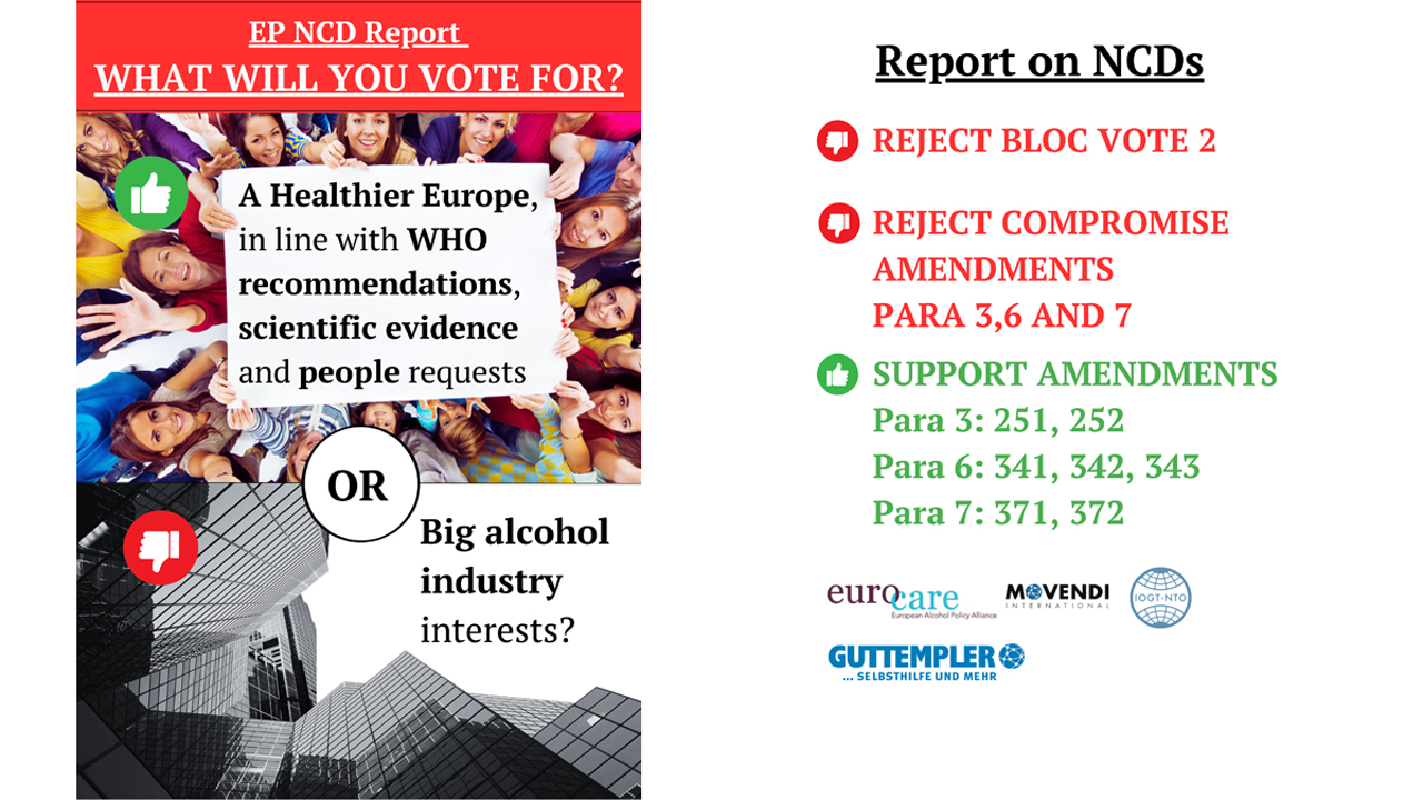 Flyer an die Abgeordneten mit der Frage: Wofür werden Sie stimmen? Ein gesünderes Europa, das den Empfehlungen der WHO, den wissenschaftlichen Erkenntnissen und den Wünschen der Menschen entspricht, oder die Interessen der Alkoholindustrie?
