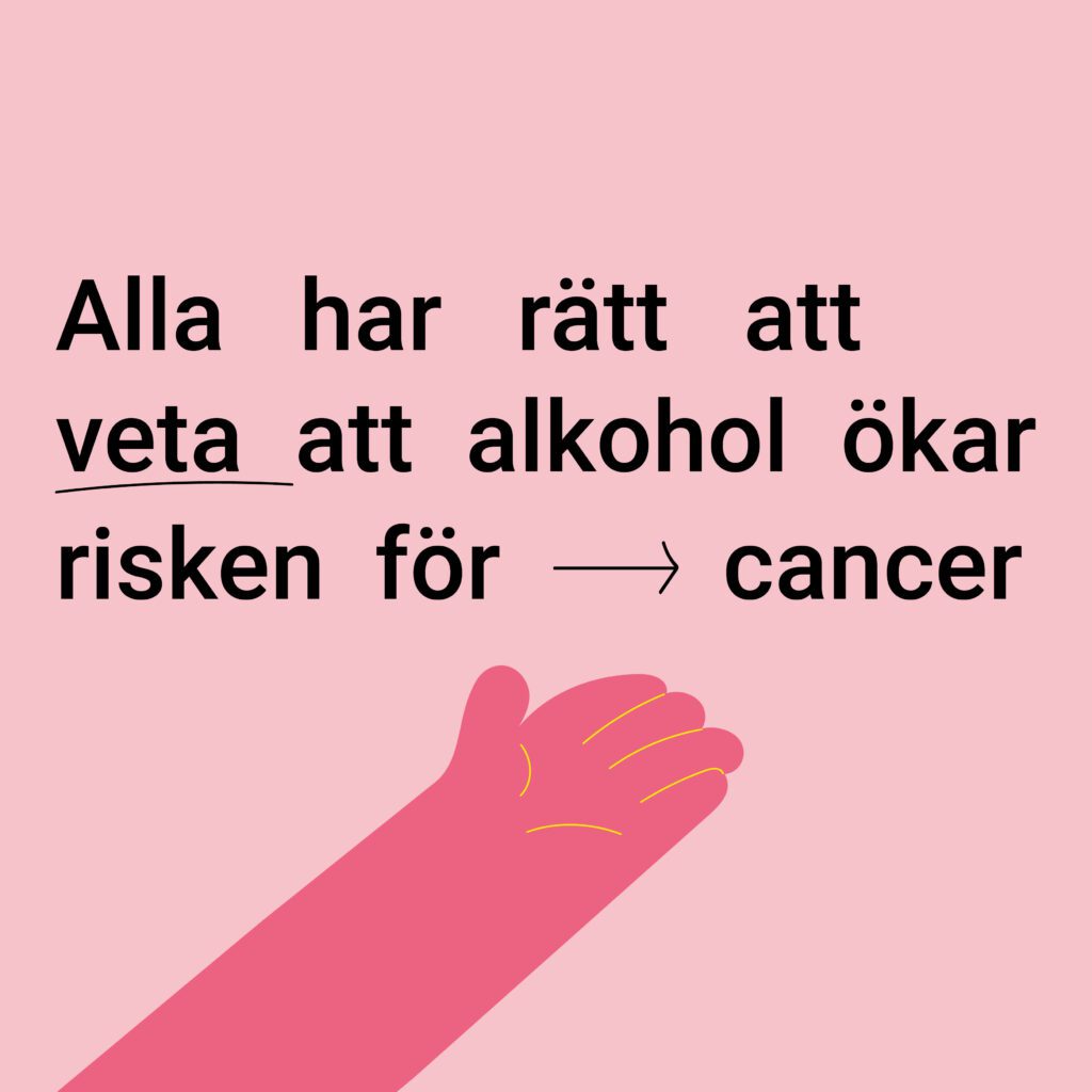 Rosa geöffnete Hand unter dem schwedischen Text 'Alle haben das Recht zu wissen, dass Alkohol das Krebsrisiko erhöht'