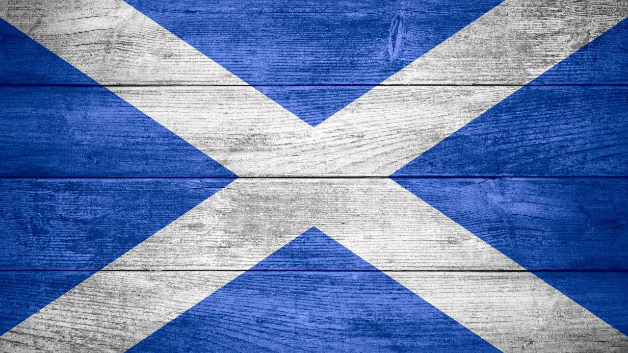 Schottische Flagge, weißes diagonales Kreuz auf blauem Untergrund, auf Bretterwand gemalt.
