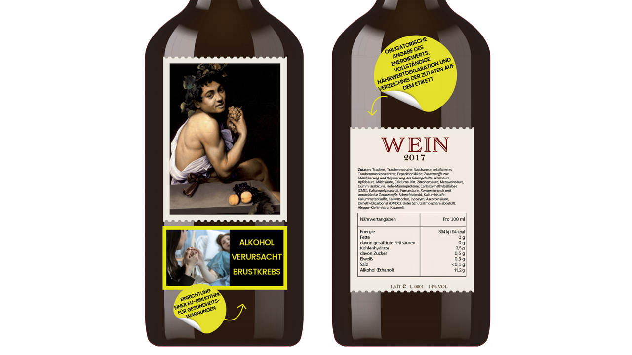 Muster für mögliche Warnhinweise und Zutatenkennzeichnung auf einer fiktiven Weinflasche.