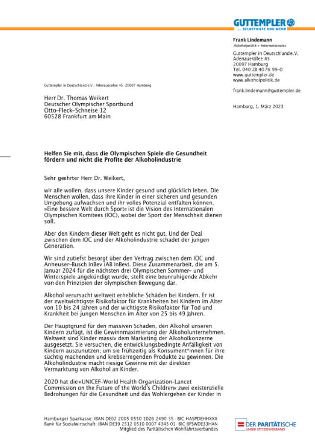 Erste Seite des Briefes von Movendi an IOC-Präsident Bach.