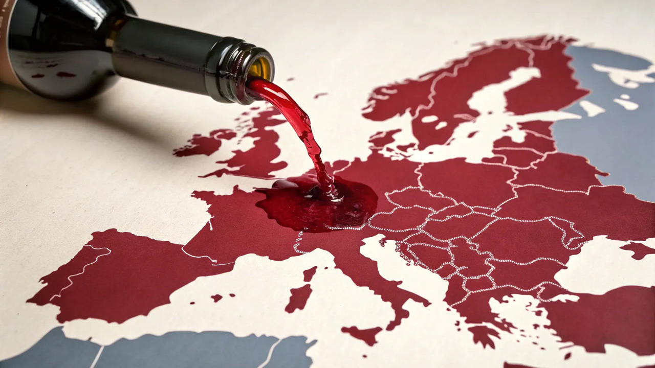 KI-generiertes Bild einer Weinflasche, aus der Rotwein auf eine Europakarte gegossen wird, wodurch die Karte teilweise rot gefärbt wird.