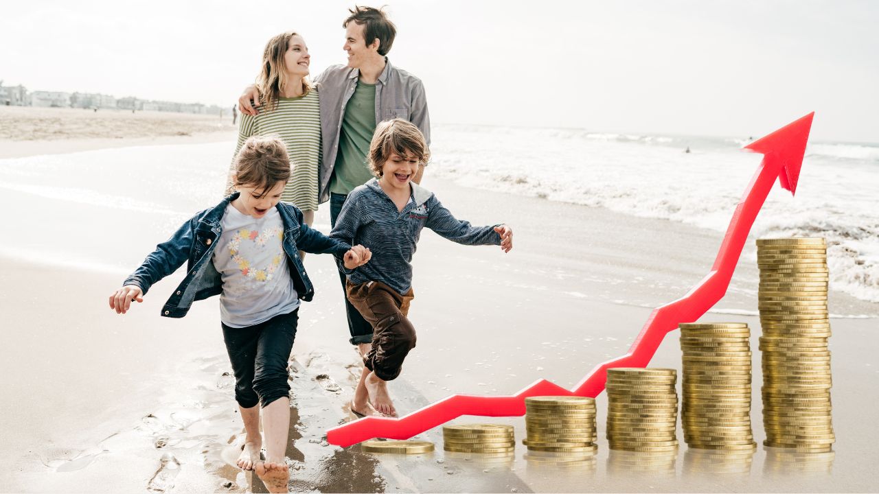 Glückliche Familie beim Spaziergang am Strand. Davor aufsteigende Münzstapel mit Pfeil nach oben.