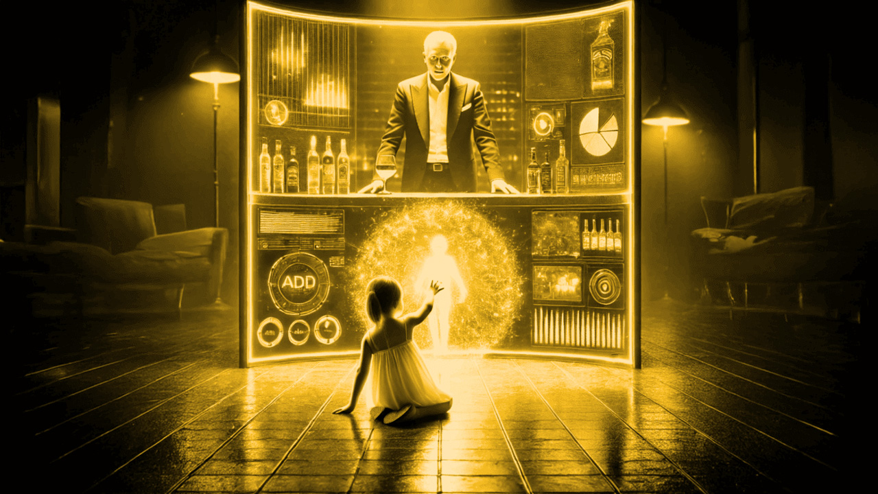Surreale digitale Kunst in Gelbtönen: Ein Mann im Anzug bedient ein hochtechnologisches, hologramm-artiges Interface, das wie eine Bar aussieht. Davor sitzt ein Kind und interagiert mit einer leuchtenden Energiekugel auf dem Display.
