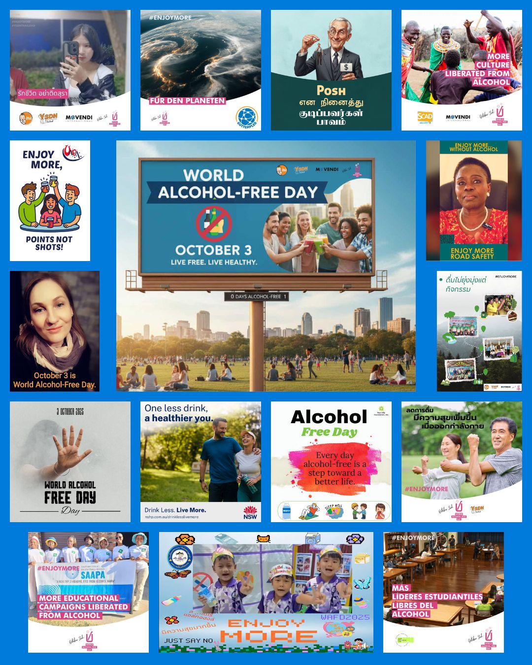Collage aus internationalen Social-Media-Posts zum Welttag des alkoholfreien Lebens.
