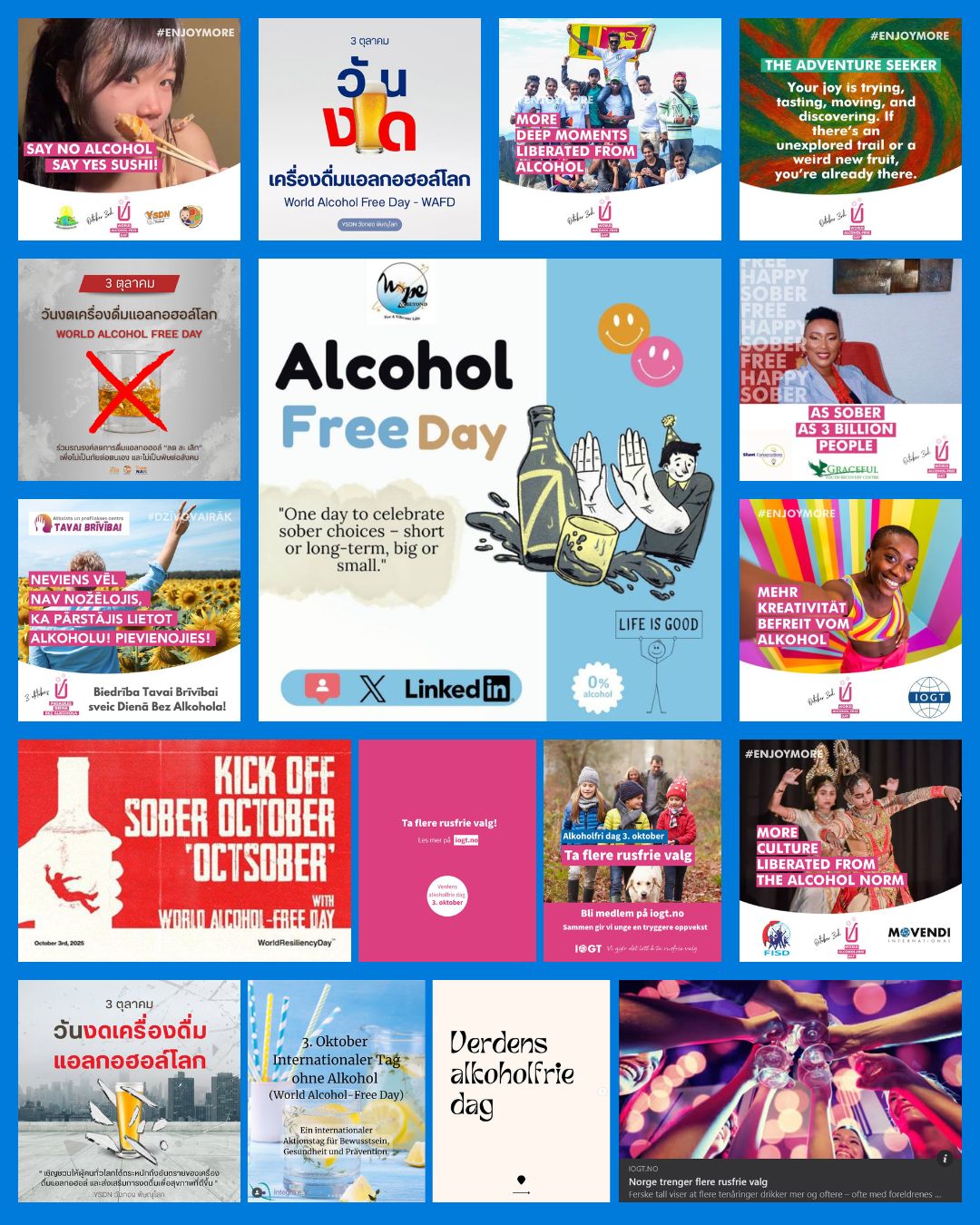 Collage aus internationalen Social-Media-Posts zum Welttag des alkoholfreien Lebens.