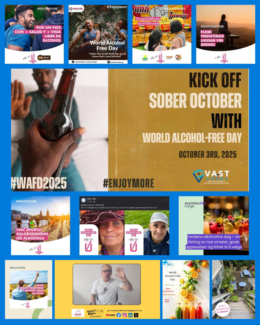 Collage aus internationalen Social-Media-Posts zum Welttag des alkoholfreien Lebens.