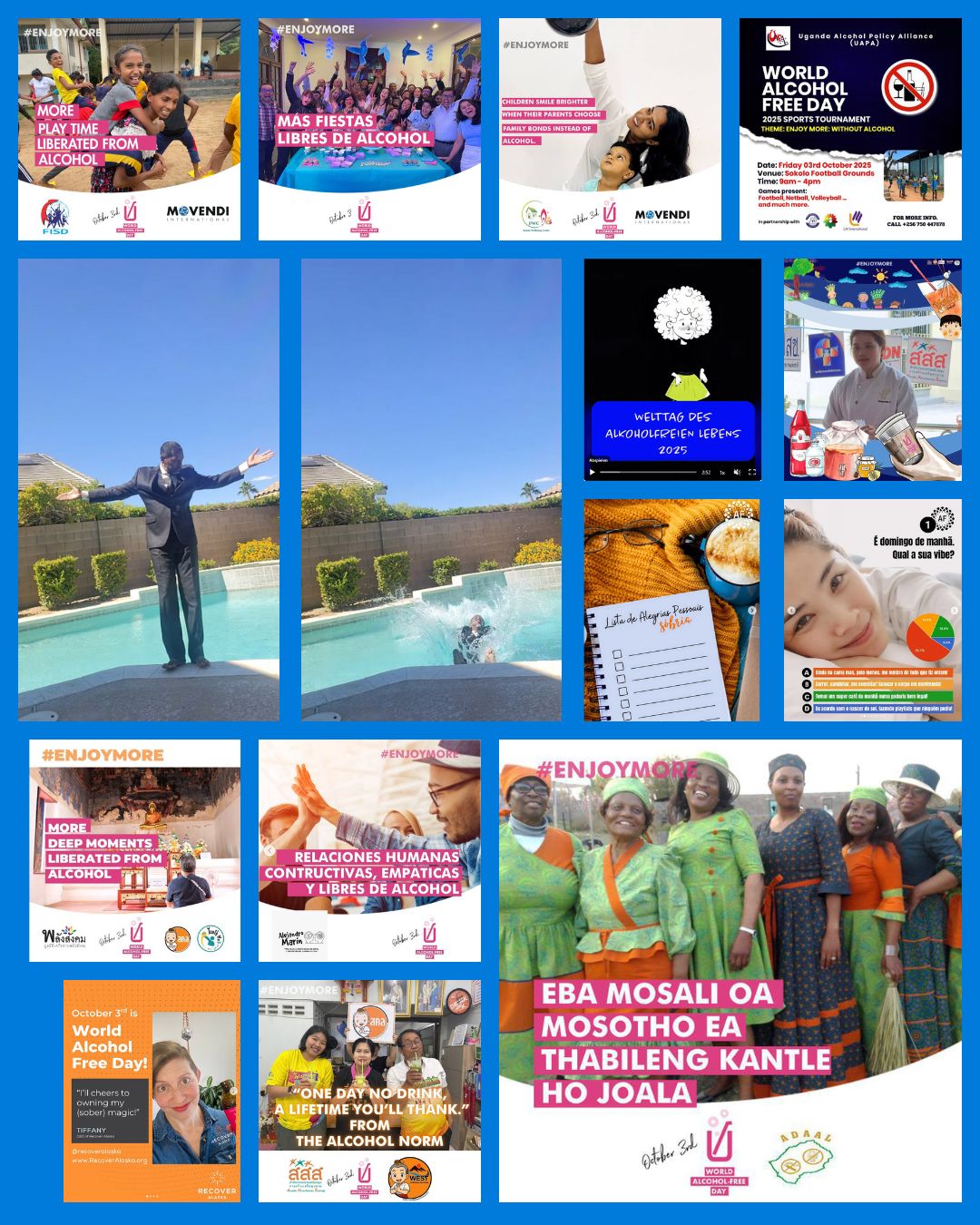 Collage aus internationalen Social-Media-Posts zum Welttag des alkoholfreien Lebens.