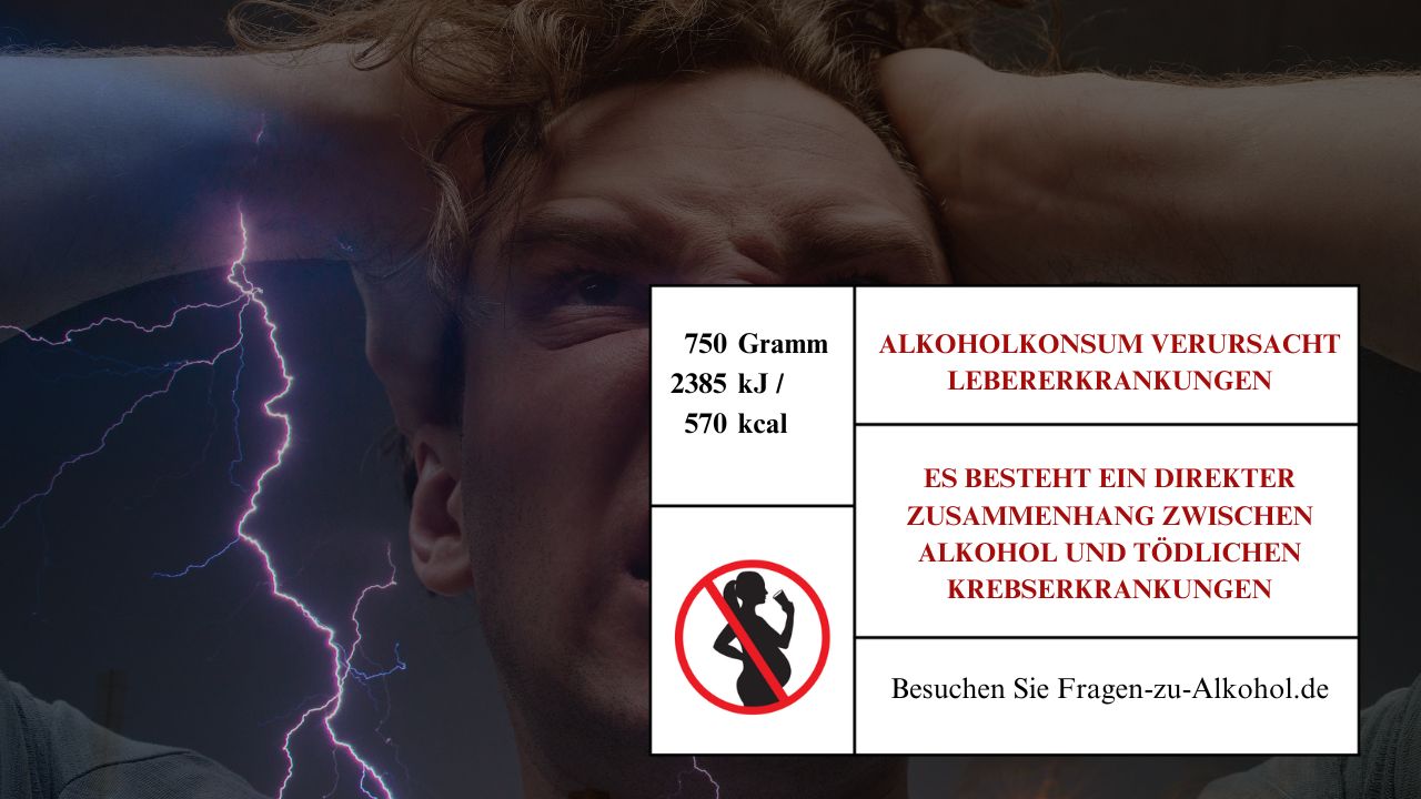 Eine Person mit geschlossenen Augen und angespanntem Gesicht rauft sich wütend die Haare. Im Hintergrund sind stilisierte Blitze zu sehen, die ein Gefühl von Gefahr und Unruhe vermitteln. Rechts daneben befindet sich ein Muster des irischen Gesundheitshinweises auf Alkoholprodukten mit Text, der die Menge an Alkohol (750 Gramm, 2385 kJ / 570 kcal) und die damit verbundenen Gesundheitsrisiken hervorhebt: 'Alkoholkonsum verursacht Lebererkrankungen' und 'Es besteht ein direkter Zusammenhang zwischen Alkohol und tödlichen Krebserkrankungen'. Unter dem Text befindet sich ein rotes Warnsymbol mit einer durchgestrichenen Silhouette einer schwangeren Frau, die ein Glas Alkohol hält sowie dem Link zu einer unabhängigen Website mit Gesundheitsinformationen zu Alkohol.