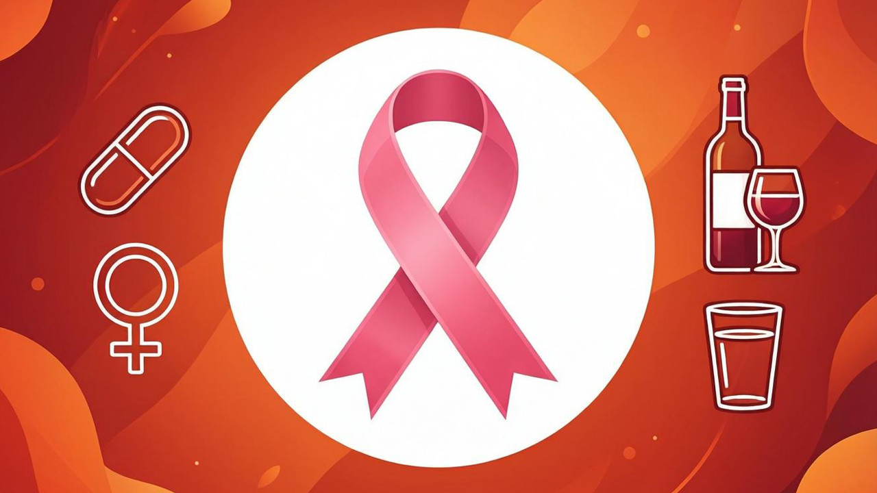 Grafische Illustration mit einer rosa Schleife als Symbol für Brustkrebsaufklärung in der Mitte eines weißen Kreises. Der Hintergrund ist eine abstrakte, fließende Form in Rot-Orange-Tönen. Links neben der Schleife befinden sich Icons für Medikamente und das weibliche Geschlechtssymbol, rechts Icons für Flasche, Weinglas und ein Wasserglas.