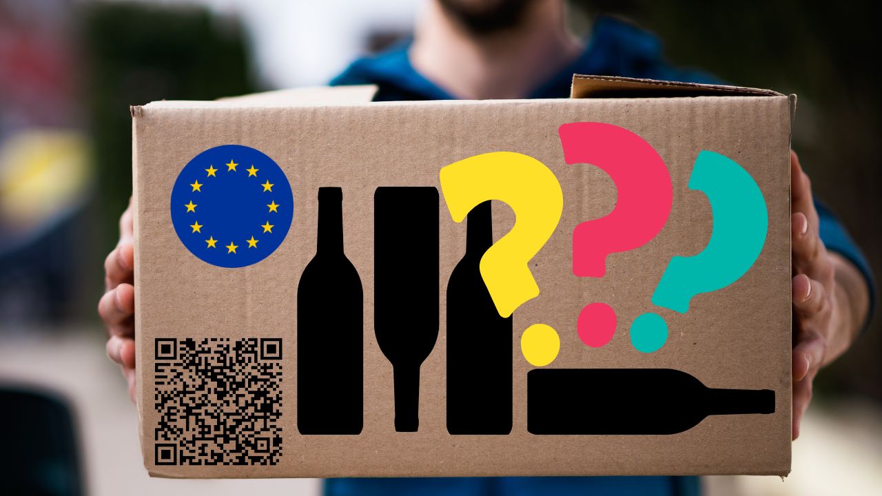 Nahaufnahme einer Person, die ein Paket in beiden Händen hält; auf dem Karton sind die EU-Flagge, ein QR-Code, mehrere schwarze Flaschensilhouetten und farbige Fragezeichen (gelb, pink, türkis) aufgedruckt.