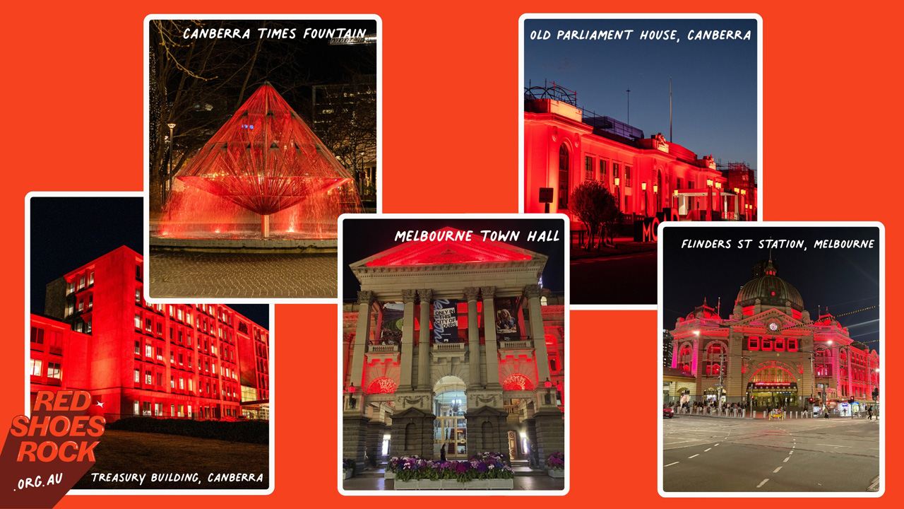 Collage aus fünf Nachtfotos australischer Gebäude (Canberra Times Fountain, Old Parliament House, Treasury Building, Melbourne Town Hall, Flinders Street Station), alle rot beleuchtet; unten links ragt das 'Red Shoes Rock'-Logo hinein.