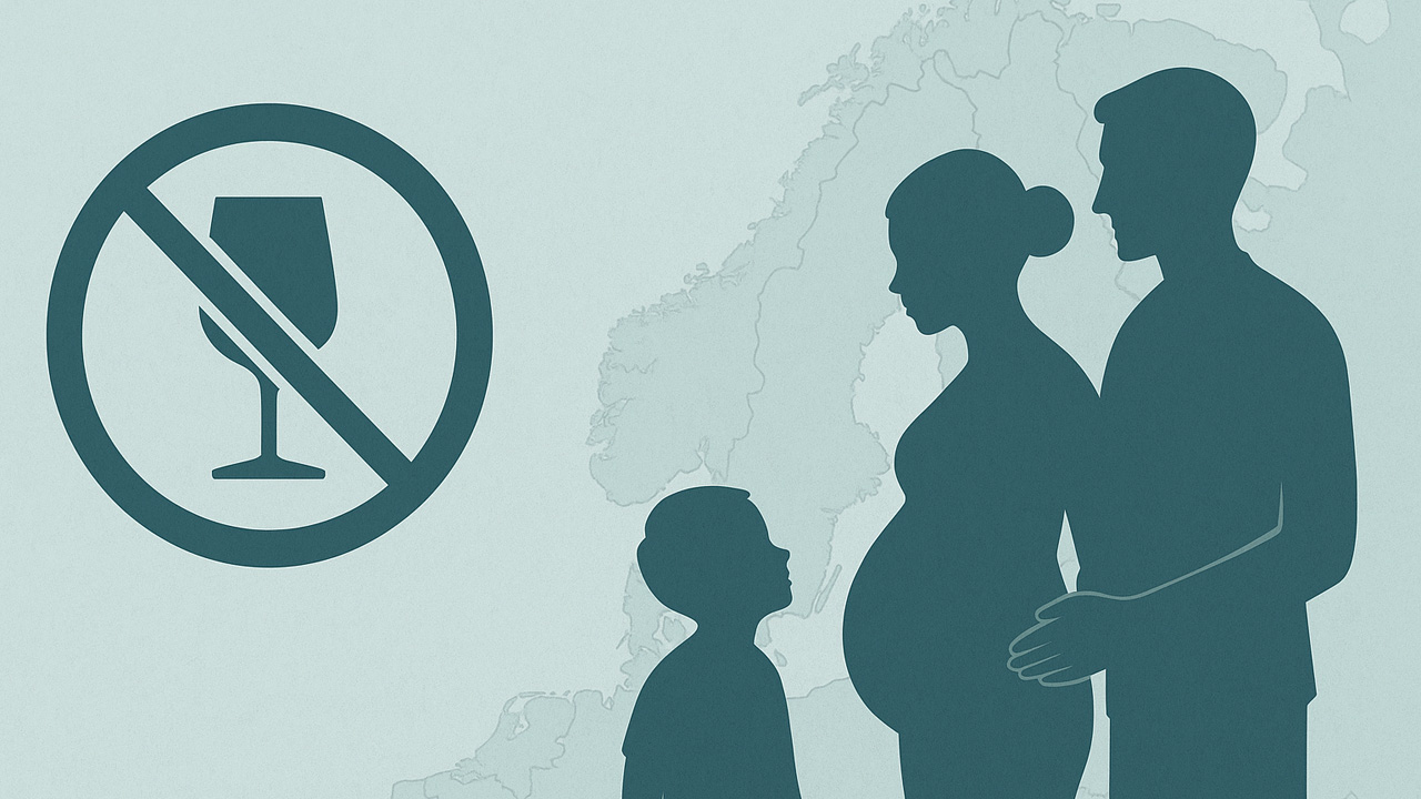 Silhouetten einer schwangeren Frau, eines Mannes und eines Kindes vor einer Landkarte Skandinaviens, links daneben ein durchgestrichenes Weinglas als Symbol für kein Alkohol in der Schwangerschaft.