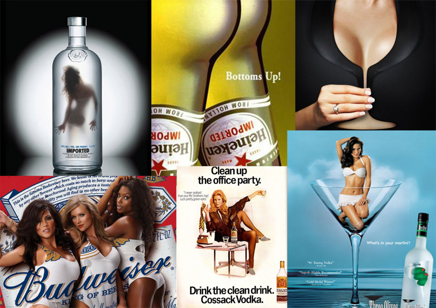 Collage aus Beispielen sexistischer Alkoholwerbung.