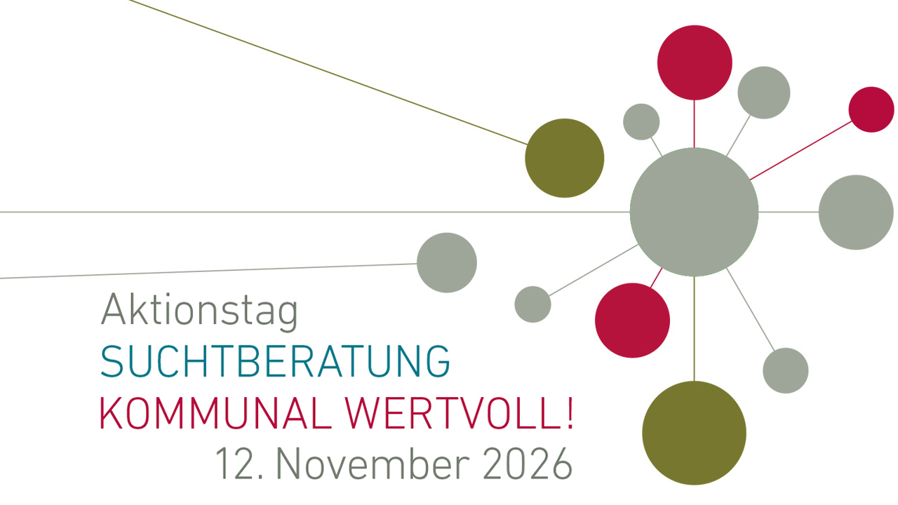 Grafik zum Aktionstag Suchtberatung »Kommunal wertvoll!« am 12. November 2026. Auf weißem Hintergrund ist ein Netzwerk aus kreisförmigen Punkten in Grau, Rot und Olivgrün dargestellt, die durch dünne Linien miteinander verbunden sind.