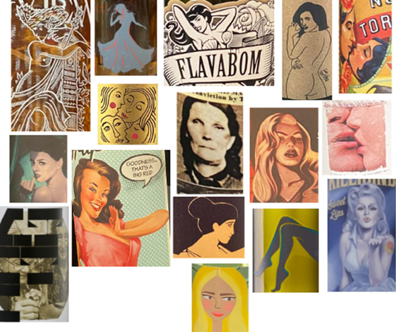 Collage, die 16 sexualisierte und klischeehafte Darstellungen von Frauen auf Wein- und Getränkeetiketten zeigt – von Pin-ups und Comics bis zu Vintage-Fotos und Silhouetten.
