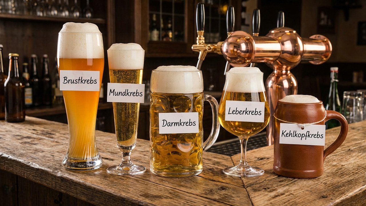 Fünf unterschiedlich gefüllte Biergläser auf einer Bar, jedes beschriftet mit einer Krebsart: Brustkrebs, Mundkrebs, Darmkrebs, Leberkrebs und Kehlkopfkrebs. Im Hintergrund sind Zapfhähne zu sehen.