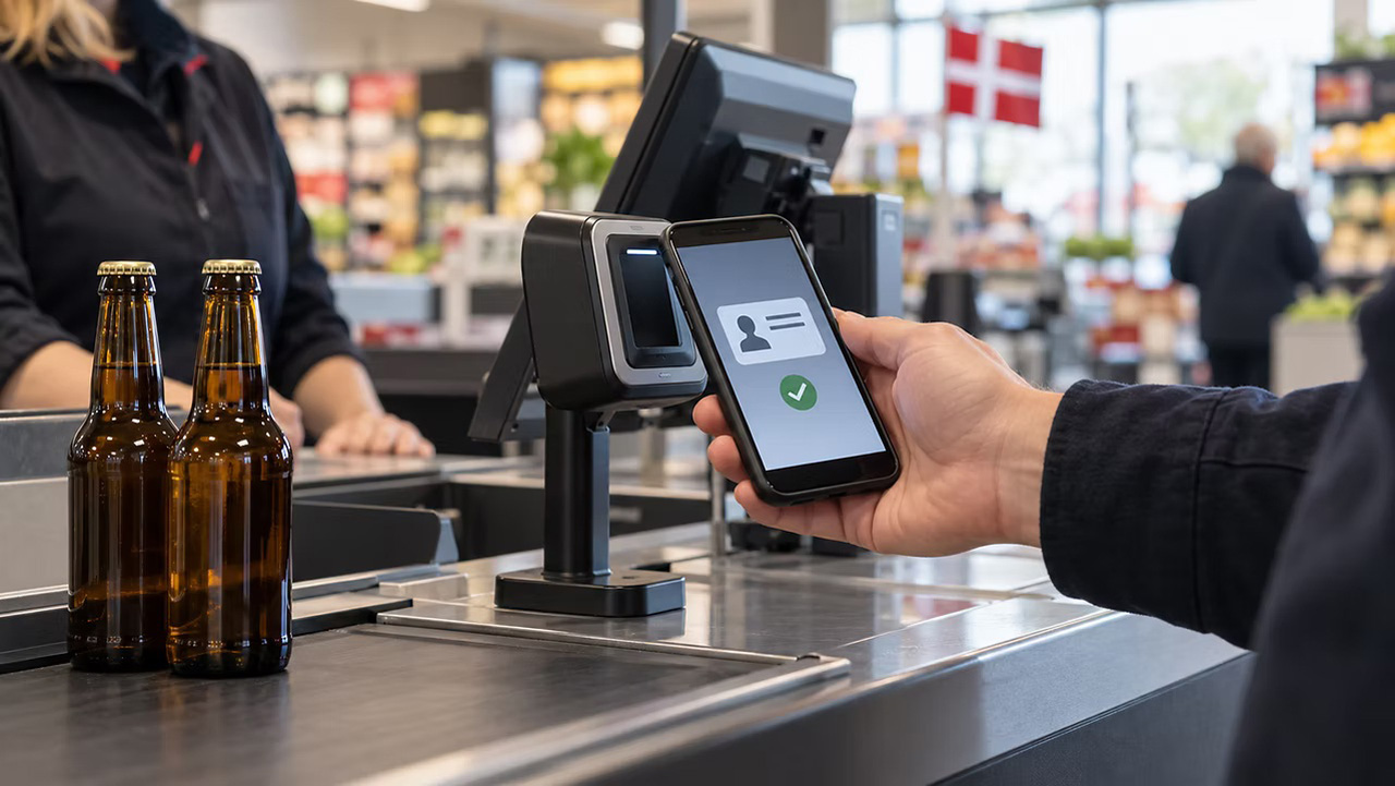 Altersverifikation im Supermarkt: Eine Person hält ein Smartphone mit digitalem Ausweis und grünem Häkchen an ein Lesegerät an der Kasse, auf dem Kassenband stehen zwei Flaschen Bier.