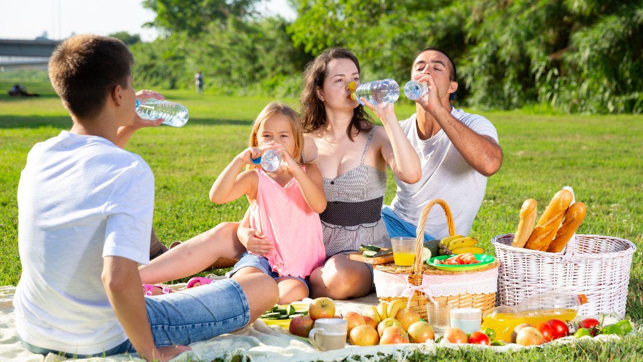 Eine Familie mit zwei Kindern sitzt auf einer Picknickdecke im Grünen und trinkt gleichzeitig aus Wasserflaschen. Vor ihnen liegen Obst, Gemüse und ein Picknickkorb.