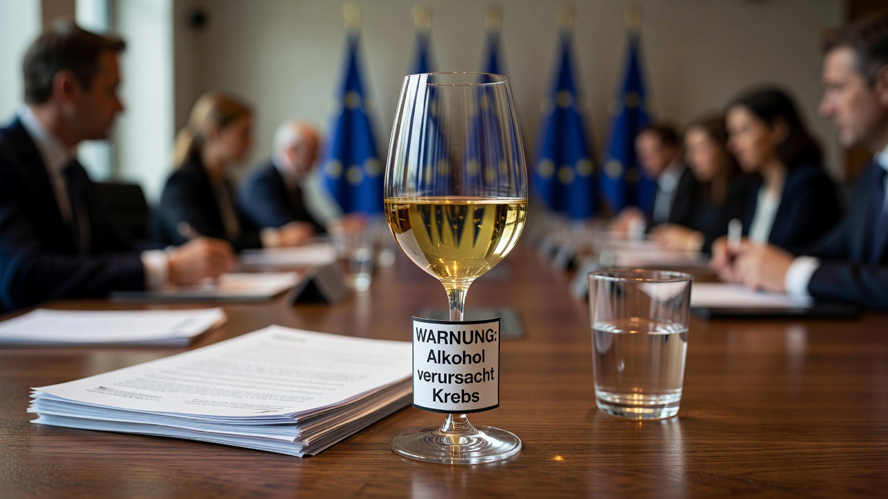 KI-generierte Nahaufnahme eines Glases Weißwein mit dem Warnhinweis 'WARNUNG: Alkohol verursacht Krebs'. Das Glas steht auf einem hölzernen Tisch neben Dokumenten und einem Wasserglas. Im unscharfen Hintergrund ist ein offizieller Sitzungssaal mit Personen in Anzügen und EU-Flaggen zu erkennen.