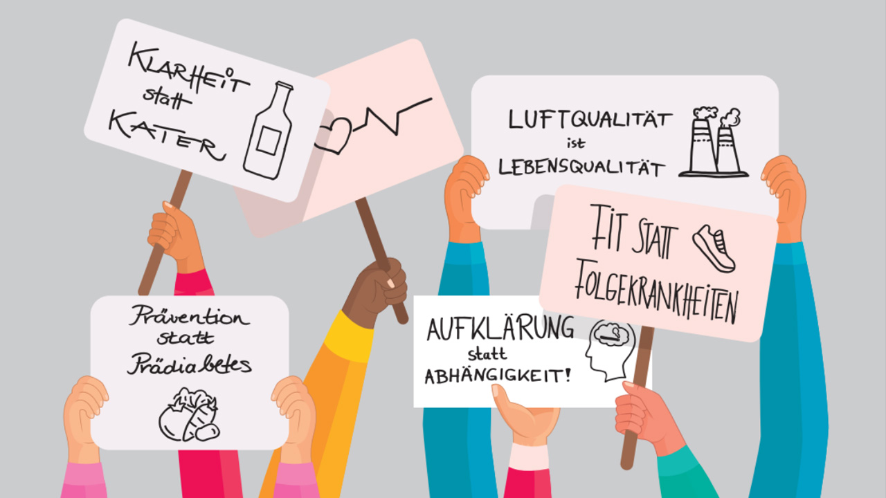 Gezeichnete Darstellung von Händen, die Protestschilder zum Thema Gesundheit in die Höhe halten. Die Aufschriften lauten: 'Klarheit statt Kater', 'Luftqualität ist Lebensqualität', 'Fit statt Folgekrankheiten', 'Prävention statt Prädiabetes' und 'Aufklärung statt Abhängigkeit!'.