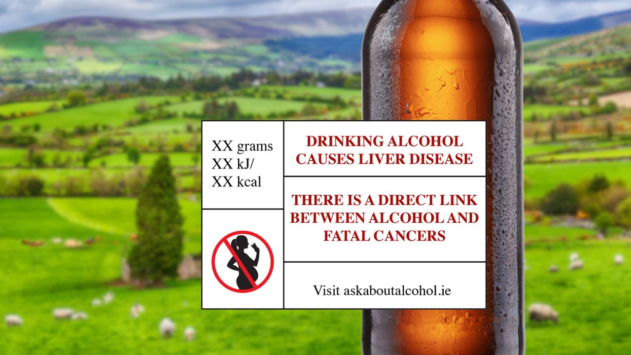 Braune Bierflasche mit Kondenswasser vor einer grünen, hügeligen Landschaft mit Schafen. Auf der Flasche ist ein weißes Warnetikett angebracht: Links stehen Platzhalter für Gramm, kJ und kcal sowie ein rotes Verbotszeichen mit der Silhouette einer schwangeren Frau, die ein Glas trinkt. Rechts stehen die Warnhinweise 'DRINKING ALCOHOL CAUSES LIVER DISEASE' und 'THERE IS A DIRECT LINK BETWEEN ALCOHOL AND FATAL CANCERS' sowie der Hinweis 'Visit askaboutalcohol.ie'.