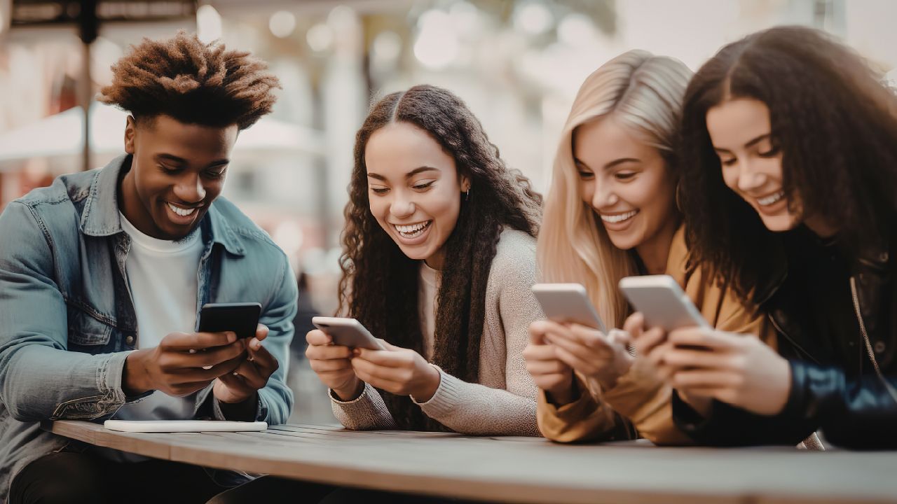 Vier junge Menschen sitzen an einem Holztisch im Freien, lächeln und schauen gemeinsam auf ihre Smartphones.