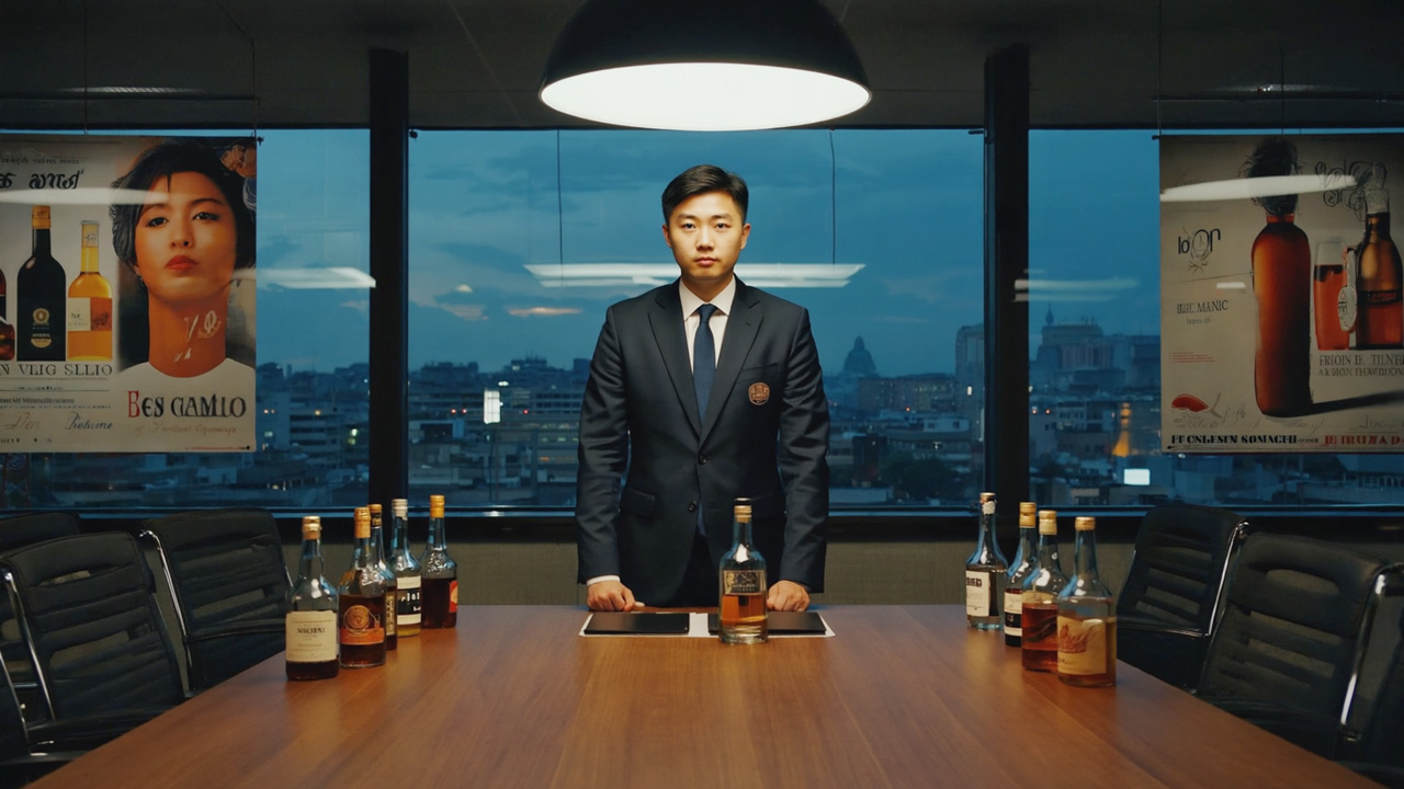 KI generiertes Bild. Junger Mann im dunklen Anzug steht alleine am Kopfende eines leeren Konferenztisches. Er blickt ausdruckslos direkt den Betrachter an. Auf dem Holztisch sind symmetrisch 9 Whisky Flaschen aufgestellt. Über ihm hängt eine einzelne Deckenleuchte. Im Hintergrund Panoramafenster über eine Stadt bei blauer Abenddämmerung. Die Szene hat eine unheimliche, stille angespannte Atmosphäre. Alle Texte auf Etiketten und Plakaten sind unsinnige KI Halluzinationen.