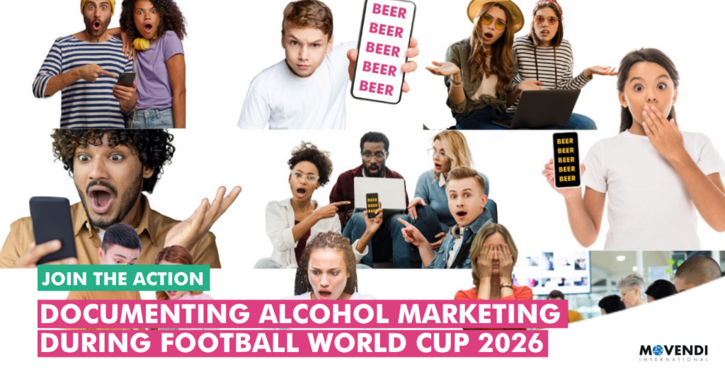 Eine Collage zeigt mehrere junge Erwachsene mit schockierten und überraschten Gesichtsausdrücken. Einige halten Smartphones oder Laptops in den Händen, auf deren Bildschirmen wiederholt das Wort 'BEER' zu lesen ist. Im unteren Bereich befindet sich ein Banner mit der Aufschrift 'JOIN THE ACTION - DOCUMENTING ALCOHOL MARKETING DURING FOOTBALL WORLD CUP 2026' sowie das Logo von Movendi International.