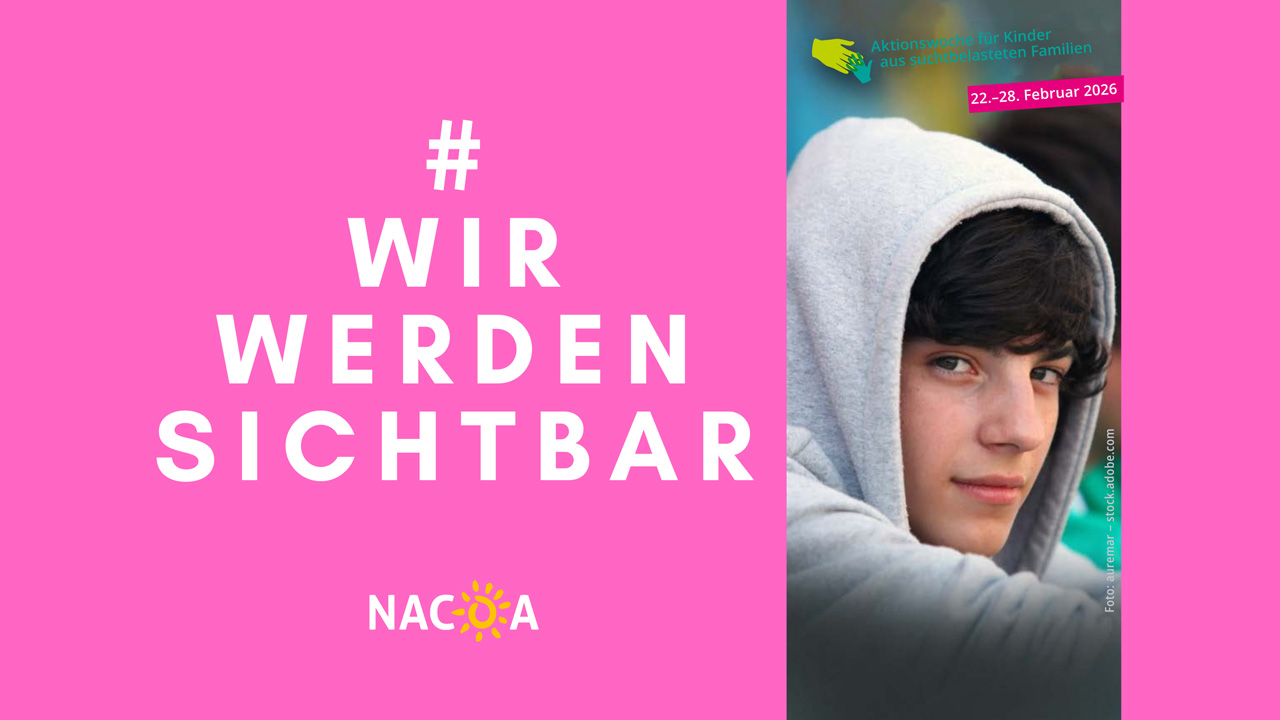 Junge mit grauem Hoodie blickt seitlich in die Kamera; daneben Schriftzug 'WIR WERDEN SICHTBAR!' sowie Informationen zur Aktionswoche für Kinder aus suchtbelasteten Familien vom 22. bis 28. Februar 2026.