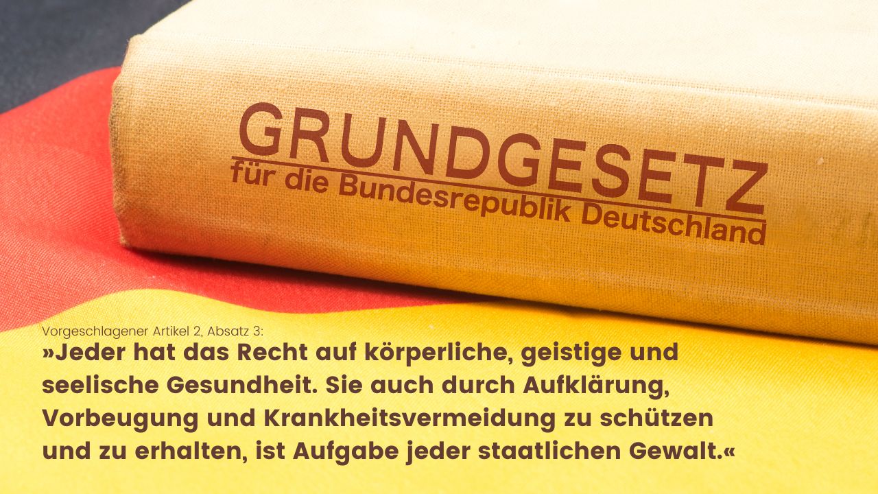 Nahaufnahme eines Buchrückens mit der Aufschrift 'GRUNDGESETZ für die Bundesrepublik Deutschland' auf der deutschen Bundesflagge. Darunter steht: 'Vorgeschlagener Artikel 2, Absatz 3: Jeder hat das Recht auf körperliche, geistige und seelische Gesundheit. Sie auch durch Aufklärung, Vorbeugung und Krankheitsvermeidung zu schützen und zu erhalten, ist Aufgabe jeder staatlichen Gewalt.'