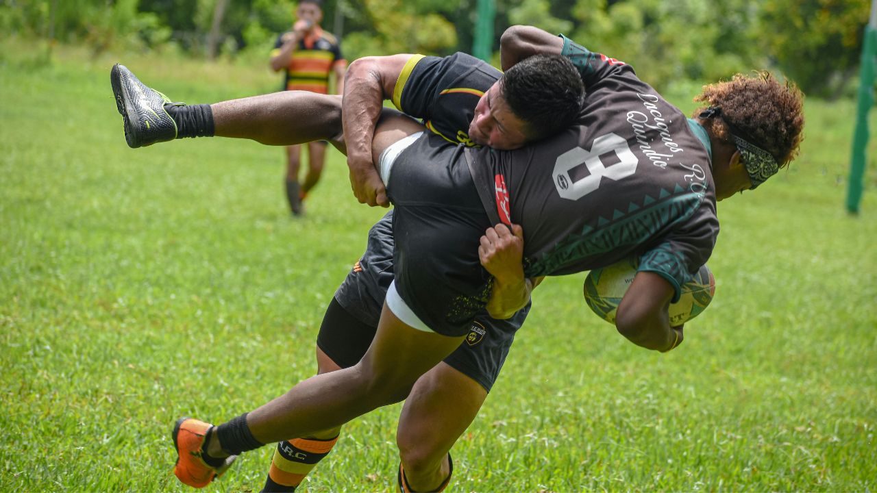 Zwei Rugby-Spieler in Aktion auf einem grünen Rasenfeld: Ein Spieler mit der Trikotnummer 8 trägt den Ball und wird dabei von einem Gegenspieler in schwarz-gelber Spielkleidung hochgehoben, während im Hintergrund ein weiterer Spieler zu sehen ist.