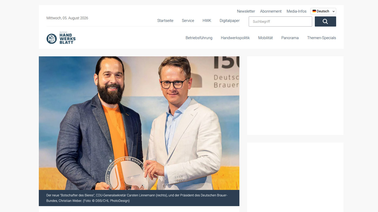 Screenshot des Handwerksblatts, das CDU-Generalsekretär Carsten Linnemann mit dem Präsidenten des Deutschen Brauer-Bundes, Christian Weber, zeigt.