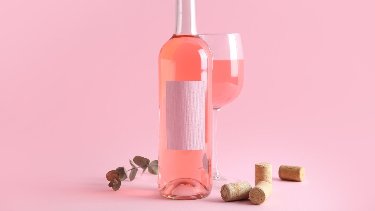 Eine Flasche Roséwein mit leerem Etikett und ein gefülltes Weinglas vor einem einfarbig rosa Hintergrund, begleitet von verstreuten Weinkorken und einem kleinen Eukalyptuszweig.