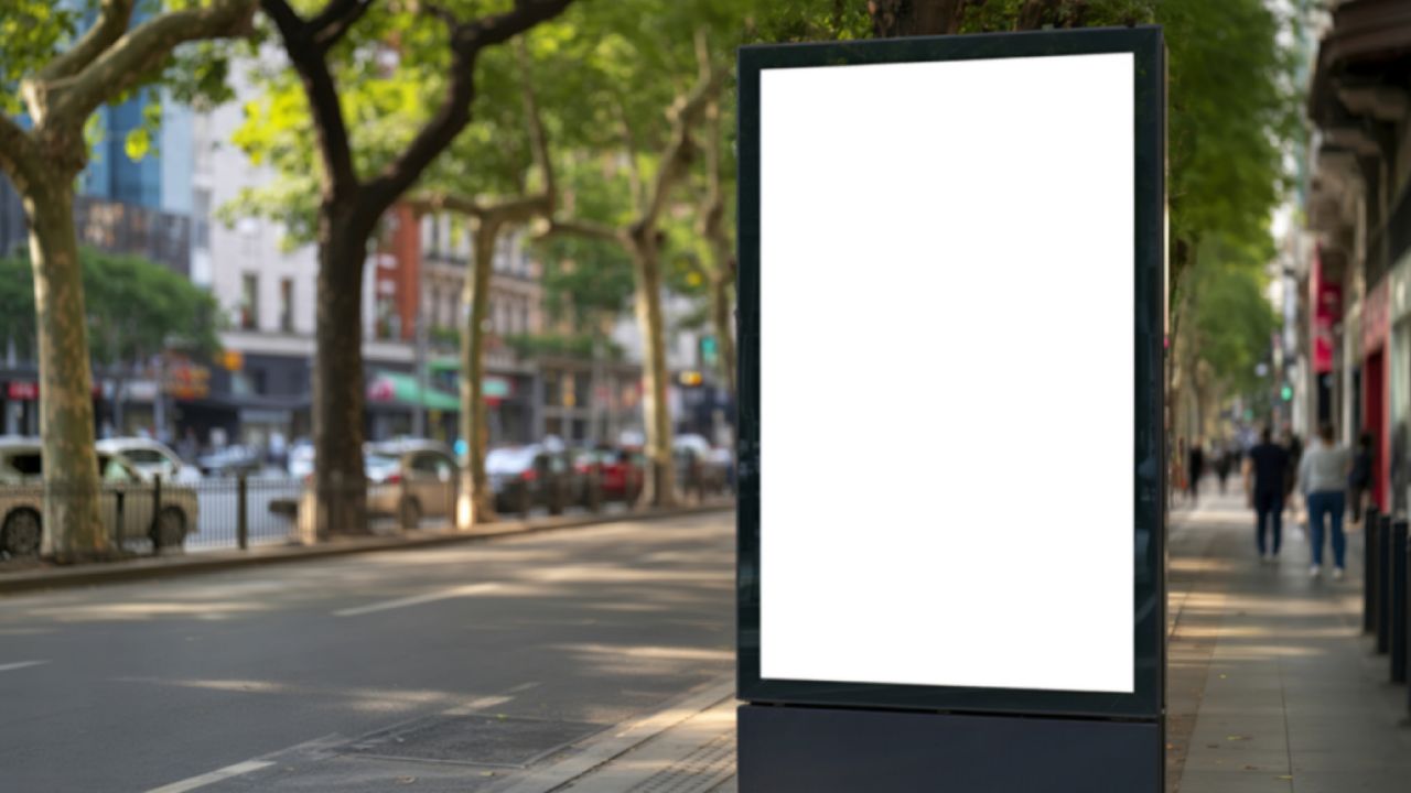 Eine große, senkrecht aufgestellte Werbetafel, die an einem breiten Bürgersteig gut sichtbar steht.