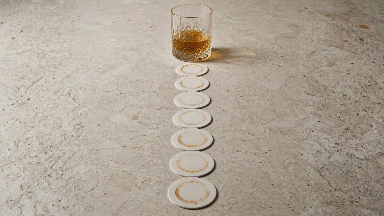 Ein geschliffenes Kristallglas mit bernsteinfarbenem Whisky steht auf einer hellen Steinoberfläche. Davor liegen sieben runde, weiße Untersetzer in einer vertikalen Reihe, jeder mit einem kreisförmigen braunen Fleck vom Glas markiert.