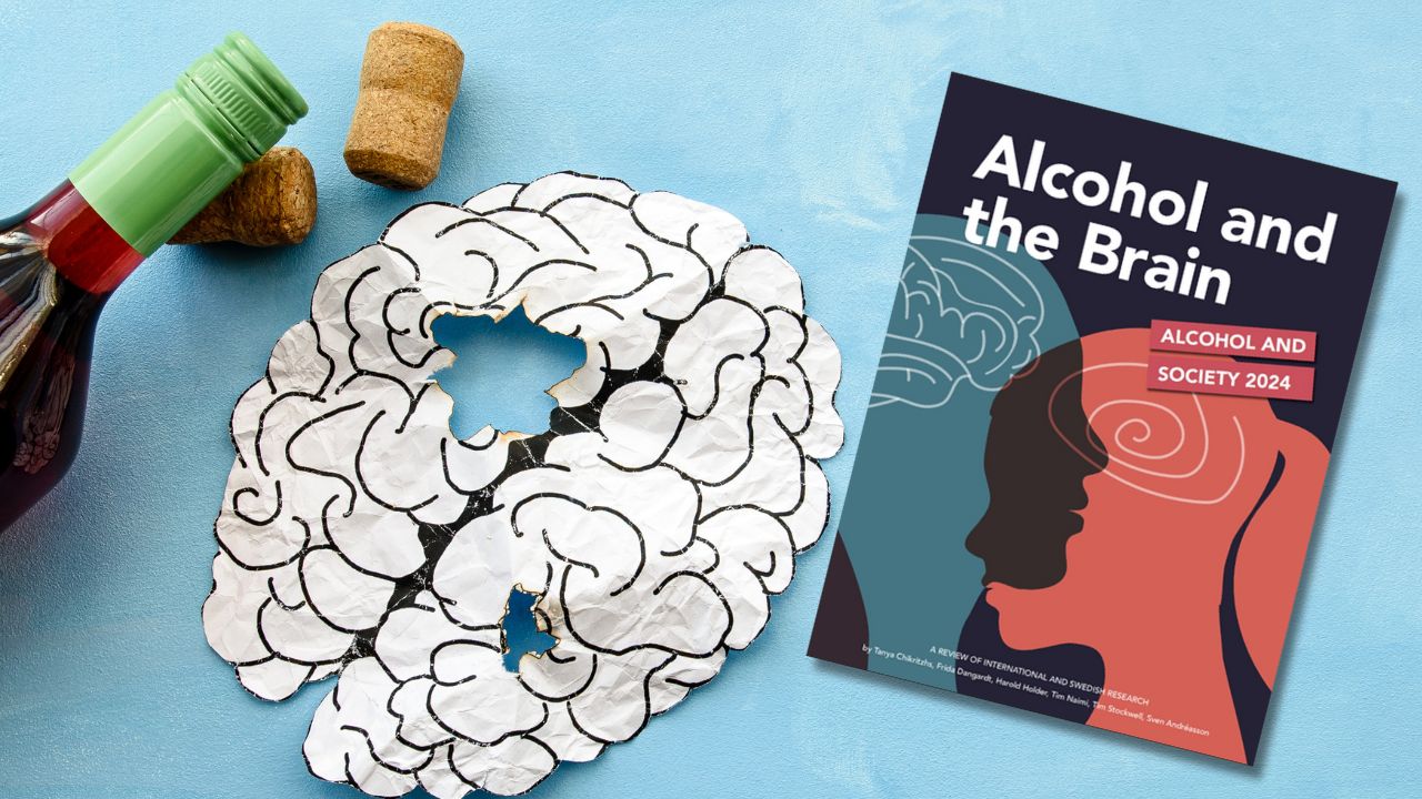 Papierdarstellung des Gehirns mit einem Loch liegt auf einer blauen Fläche. Ins Bild ragt der Hals einer Weinflasche hinein, die auf zwei Korken ruht. Rechts davon ist die Titelseite des Berichts 'Alcohol and the Brain' eingeblendet.