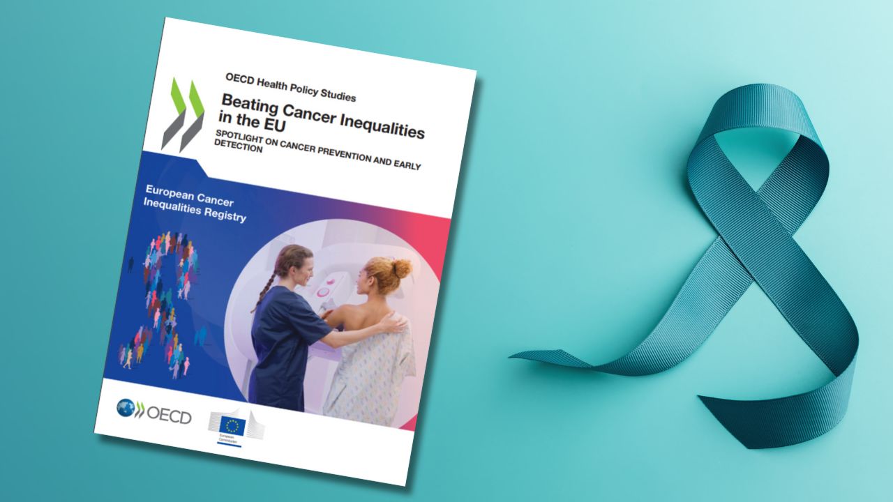 Titelseite des OECD-EU-Berichts 'Beating Cancer Inequalities in the EU' neben einer grünen Krebsschleife.