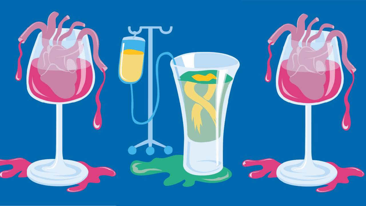 Grafische Darstellung von zwei Weingläsern und einem Schnapsglas, das über eine Kanüle mit einer Tropfflasche verbunden ist. In den Weingläsern schwimmen Herzen, im Schnapsglas eine Krebsschleife.