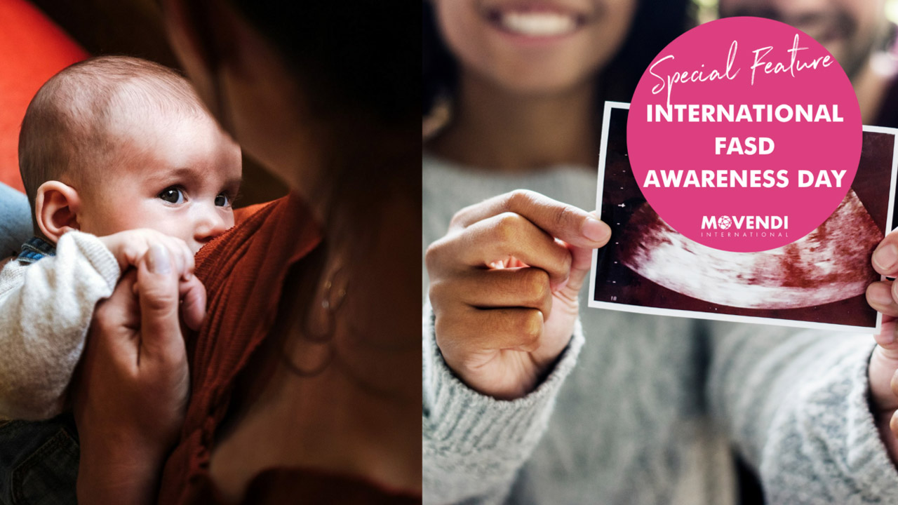 Split-Bild zur Kampagne zum Internationalen FASD-Aktionstag: Links ein Neugeborenes im Arm einer erwachsenen Person, rechts Hände in einem grauen Pullover, die ein Ultraschallbild halten. Ein rosa, runder Schriftzug überlagert das Bild mit dem Text 'Special Feature International FASD Awareness Day‘ und dem Logo von Movendi International.